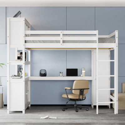 Queen Size Wood Loft Bed with Wardrobe, Desk & Bookshelf, Space-Saving Kids Loft for Bedroom,Natural