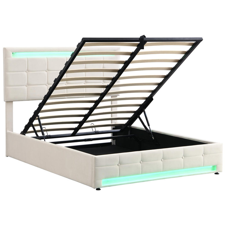 4Ft6 Double Bed Velvet Upholstered Bed With 7 Colors LED-Light Strips, Beige