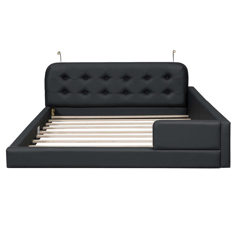 Grand lit plateforme tapissier avec 2 lampes de lecture, Noir