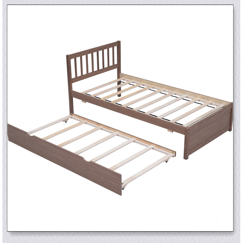 Structure de lit plateforme moderne en bois avec lit gigogne, Noyer