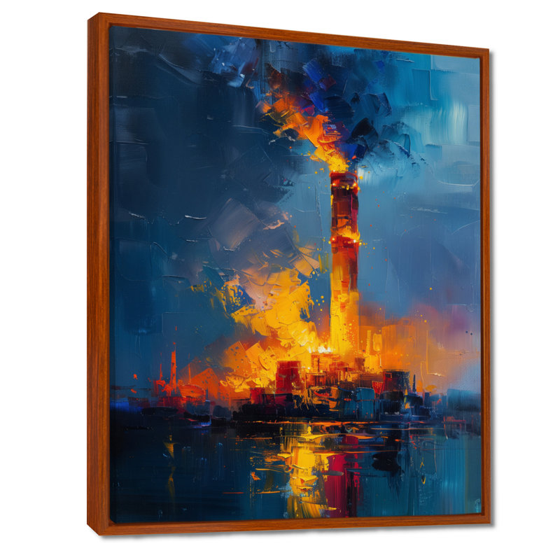 Orange et bleu, centrale électrique III - centrales électriques, art mural, Cadre flottant brun, H 12 po x l 20 po