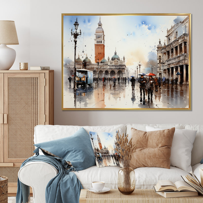 Italie, Italie, Place Saint-Marc II, impression d'art mural, Cadre flottant doré, H 30 po x l 40 po x P 1,5 po