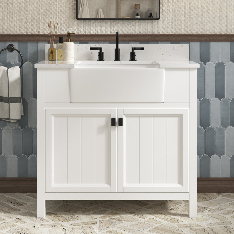 Wilce Freestanding Single Sink Bathroom Vanity With Engineered Stone Countertop, 37"