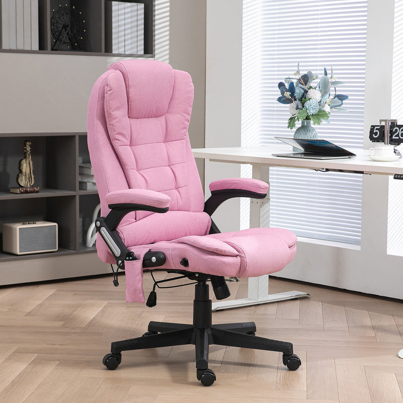 Fauteuil de bureau à 6 points de massage vibrant avec chaleur et dossier haut inclinable en lin avec dossier inclinable, accoudoirs rembourrés et télécommande, rose