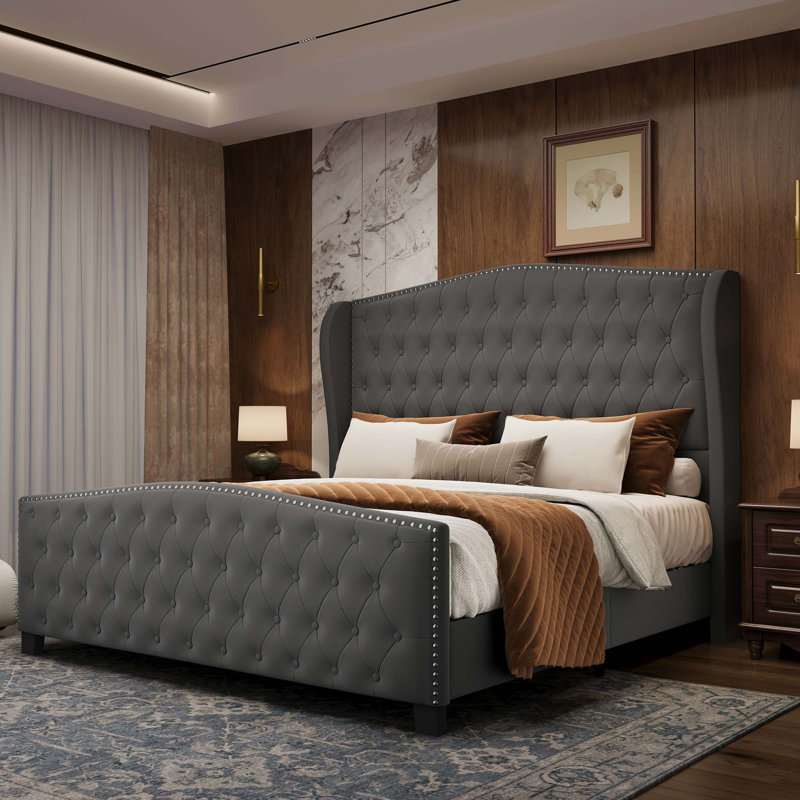 Grand lit plateforme avec tête et pied de lit tapissier gris foncé, Gris, Grand lit