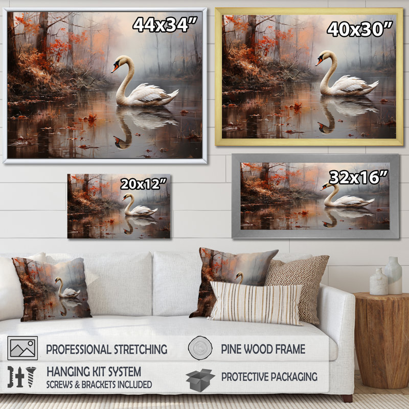 Cygne dans la brume sur toile, H 12 po x l 20 po x P 1 po, Cadre flottant doré
