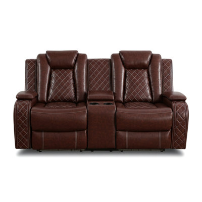 Causeuse inclinable de luxe en cuir rouge avec console centrale, rangement et lumières DEL - Canapé inclinable de salon de qualité supérieure avec structure en bois massif, ressorts à double couche et port de charge USB