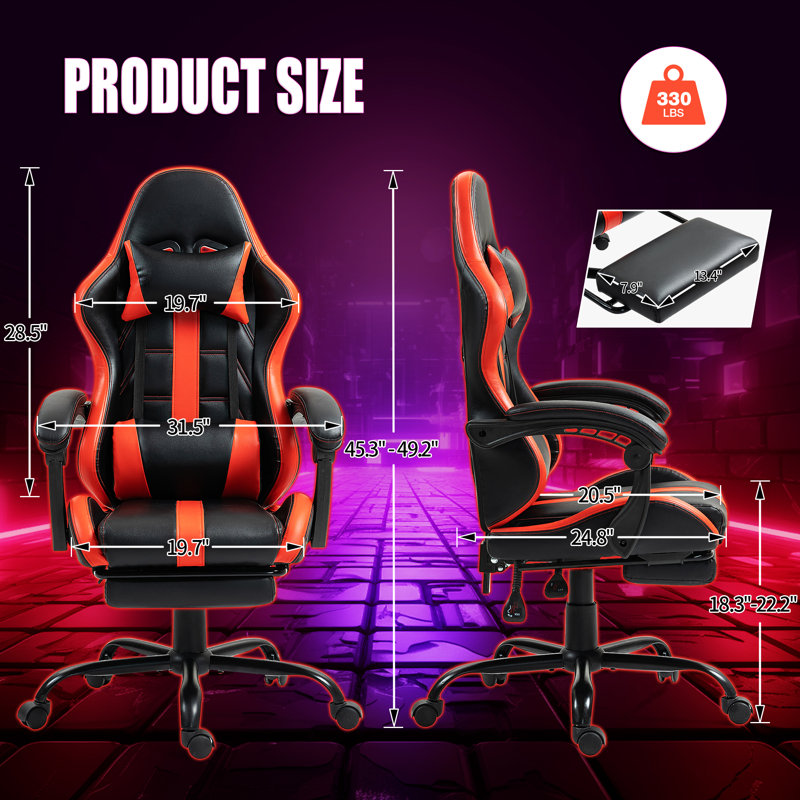 PU Leather Gaming Chair With Footrest And Massage Lumbar Support, Black/Red