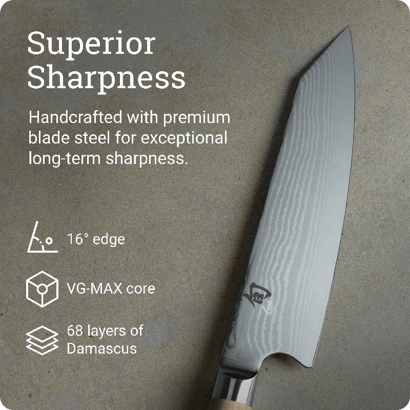 Shun Classic Blonde 8" Kiritsuke Knife, Handcrafted Japanese Kitchen Knife for Professional and Home Chefs, VG-MAX Core with Damascus Stainless Steel Cladding, Pakkawood Handle