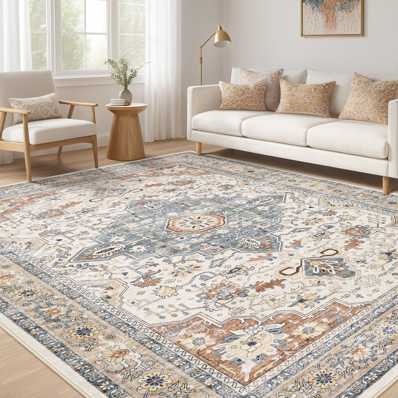 Tapis oriental lavable à la machine avec envers antidérapant Aasen, Brown/Blue, Rectangulaire 8 pi x 10 pi