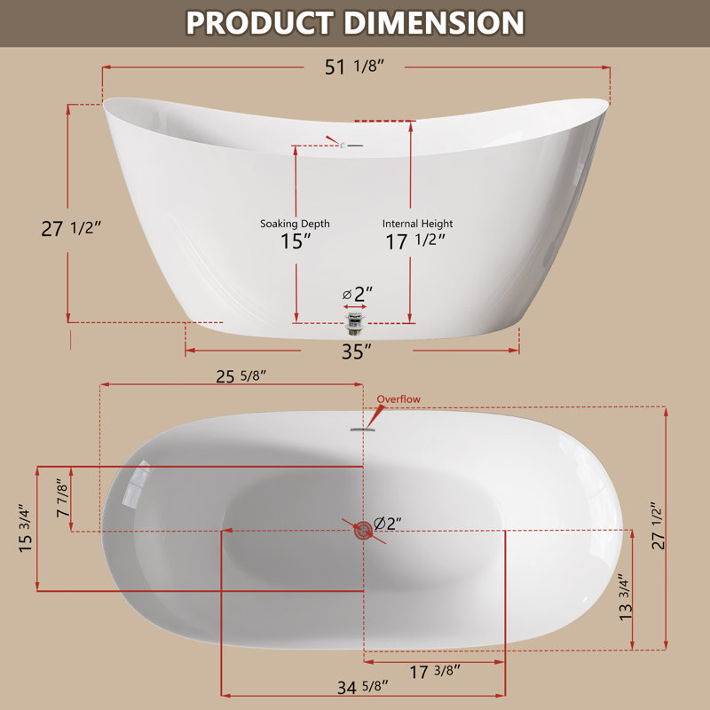 Vastwild 51'' Acrylic White Freestanding Bathtub Double Slipper Soaking Tub with Overflow Oval Shape