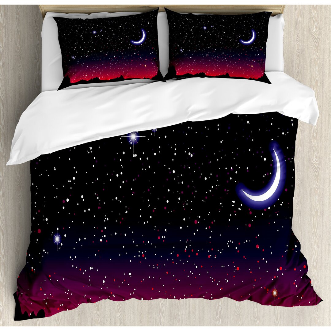 Bettbezug Set, Red Sky Starry Landschaft, Nacht, Indigo Magenta Schwarz