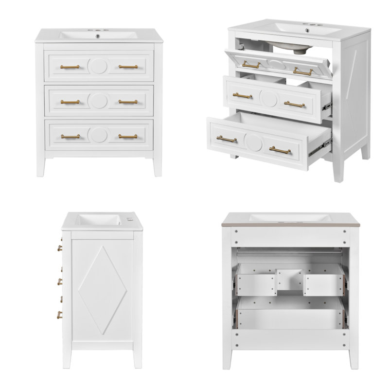 Ensemble de meuble-lavabo autoportant 60 po avec lavabo en céramique 60 po, 3 tiroirs, armoire de rangement en bois massif, blanc