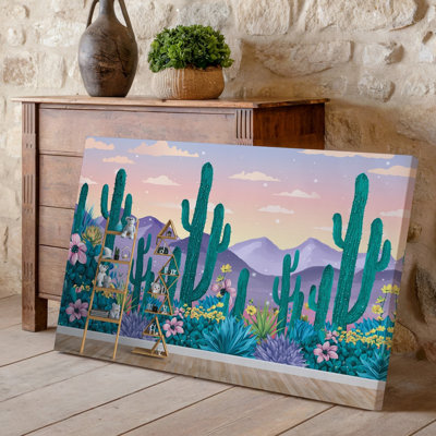 Toile, "Vibrant Desert Landscape Mural" mettant en vedette de grands cactus verts et art mural, diverses plantes succulentes dans des tons de bleu et de vert, art mural