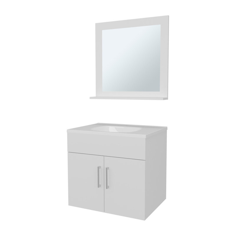  Ensemble de meuble-lavabo flottant 2 portes avec lavabo et miroir, Blanc