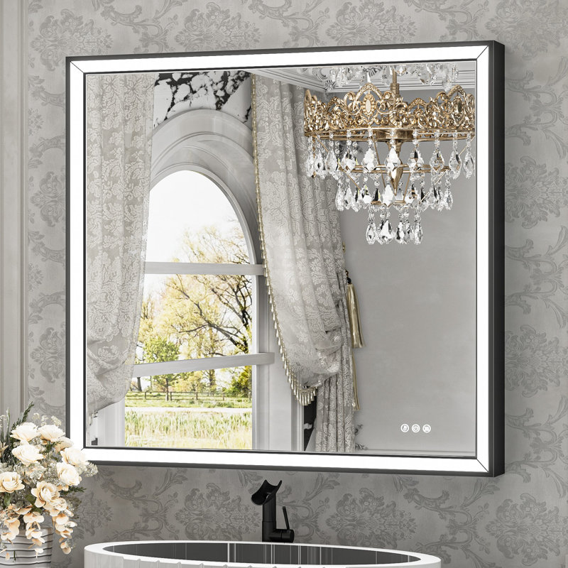 Miroir de salle de bain avant à DEL antibuée avec cadre en métal biseauté, 36 po x 36 po, Noir mat, Carrée