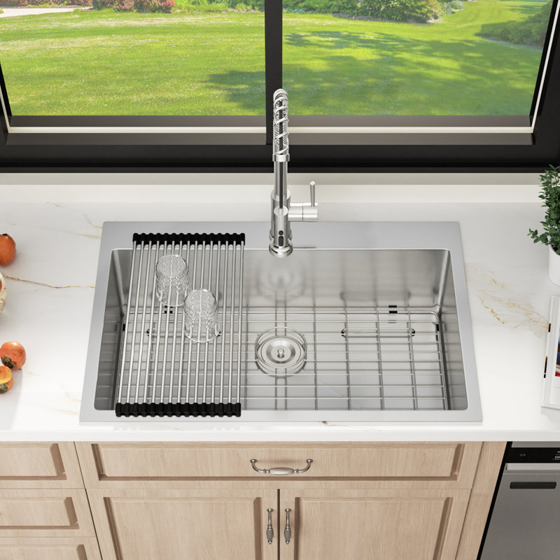 33" L x 22" W Drop-In Kitchen Sink 16 Gauge Stainless Steel Topmount Deep Single Bowl Kitchen Sink, 33" L x 22" W