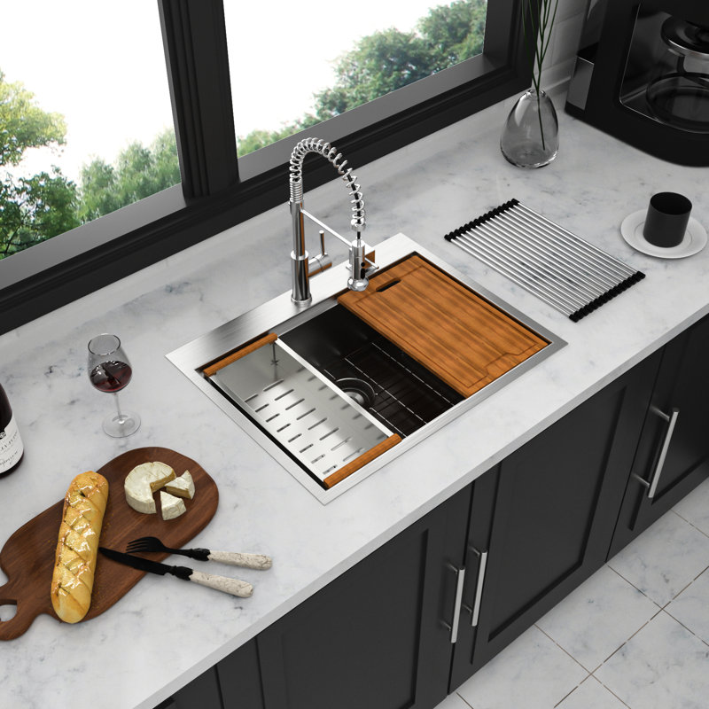 28"X22" Stainless Steel Drop-In Sink - 16 Gauge Workstation Practical Function Easy To Clean Surface 28 Inch Silent Operation With Accessories Pack