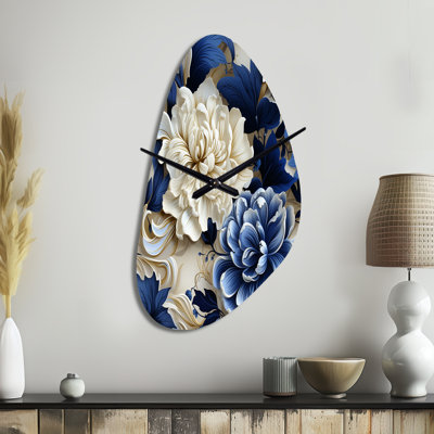 Victorian Cobalt Blue Foliage Victorian Pattern - Floral Asymmetrical Metal Wall Clock, Blue Unique Shape Metal Clock Print