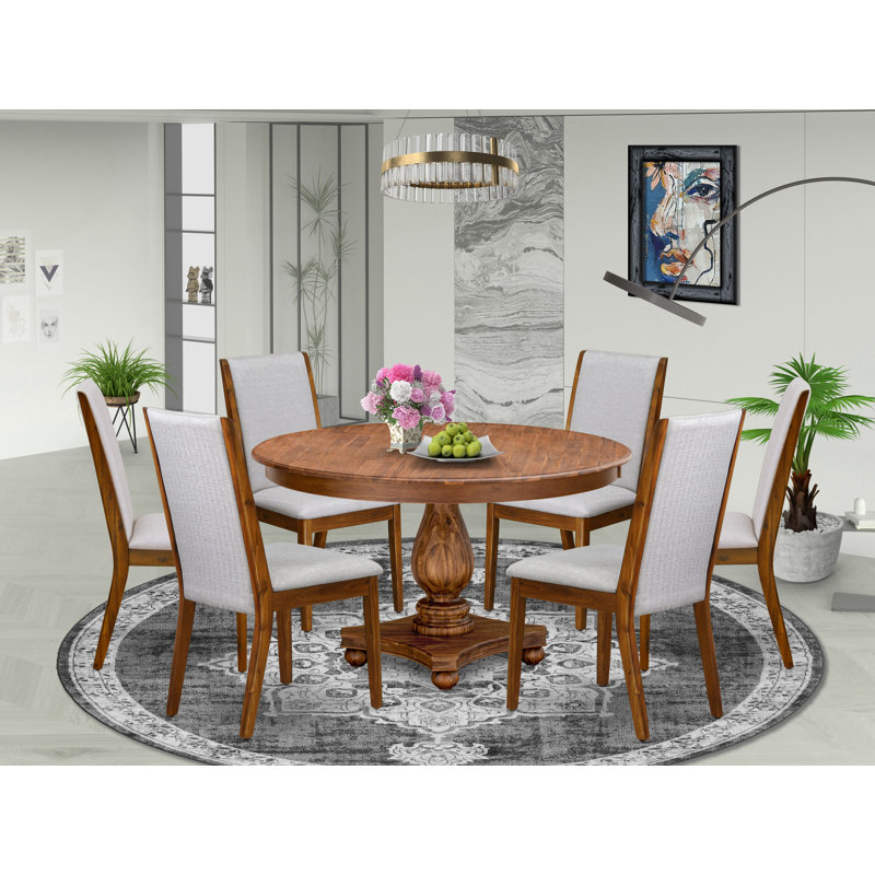 5-Pc Kitchen Dining Table Set Includes A Wooden Dining Table and 4 Grey Linen Fabric Dining Chairs with High Back, Antique Walnut
