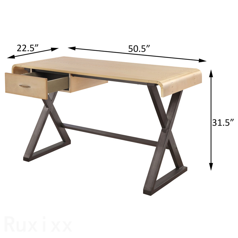 Bureau d'écriture, aluminium doré et gris avec base en métal en forme de X