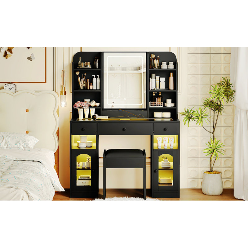 Vanity Desk With LED Mirror And Lights, Glass Top Vanity With RGB Glass Light Cabinets, Dressing Table With Drawers, Storage Shelves And Stool For Bedroom