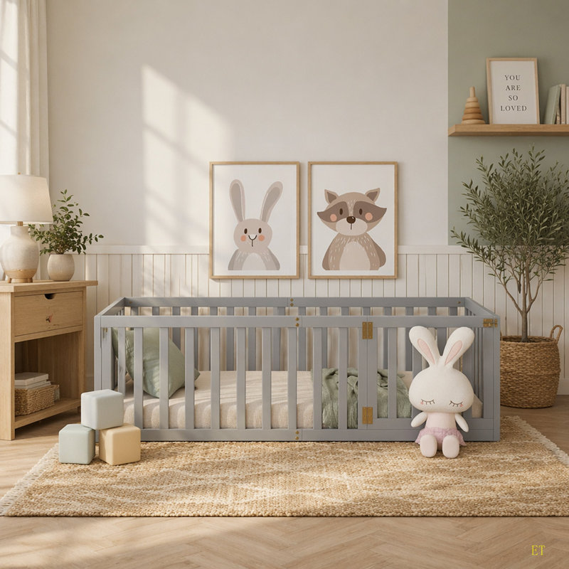 Twin Size Wood Daybed Frame With Fence, Gray, Twin