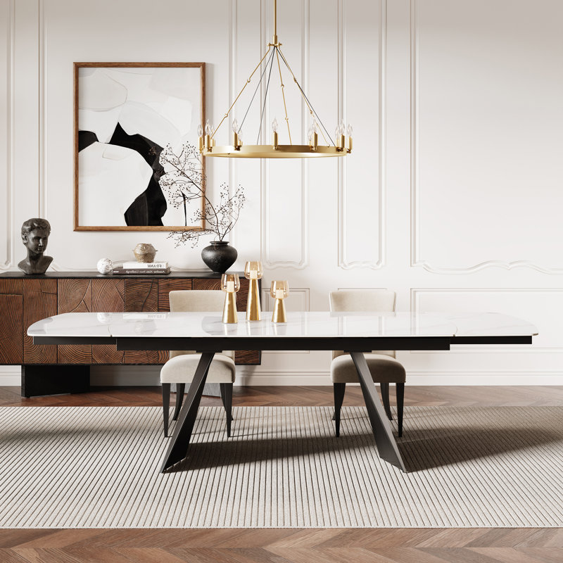 Moiser 65" to 94.5" Extendable Dining Table For 8-10 with Sintered Stone Top, Glossy Marble White