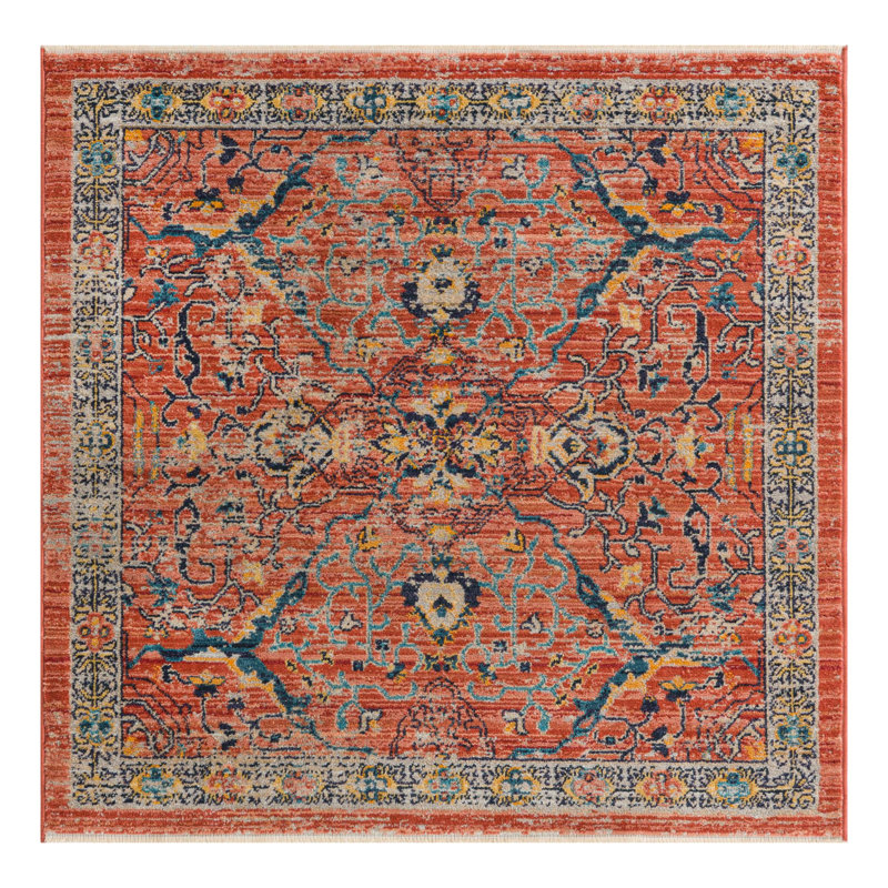 Tapis rouge brique à motif floral Alkire, Carré 3 pi 11 po