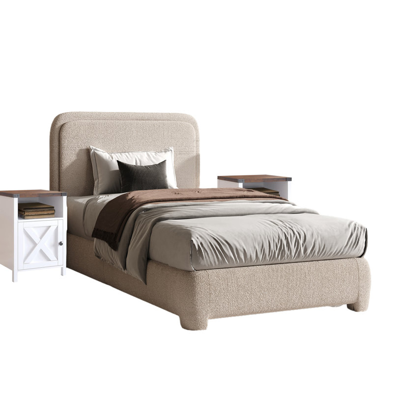 Ensemble de lit plateforme tapissier 3 pièces Bensu Boucle, Crème blanche, Simple