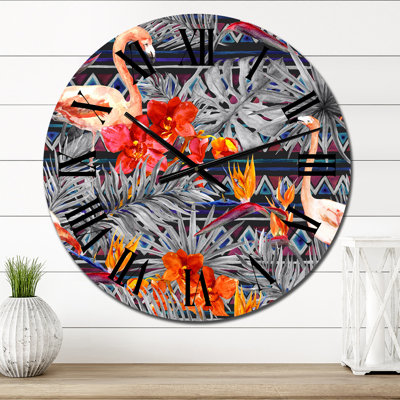 Flamant rose et fleurs exotiques oranges - Horloge murale à motifs