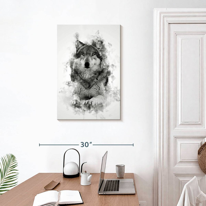 Brampt Wolf Sitting Black And White, 30" H x 20" W