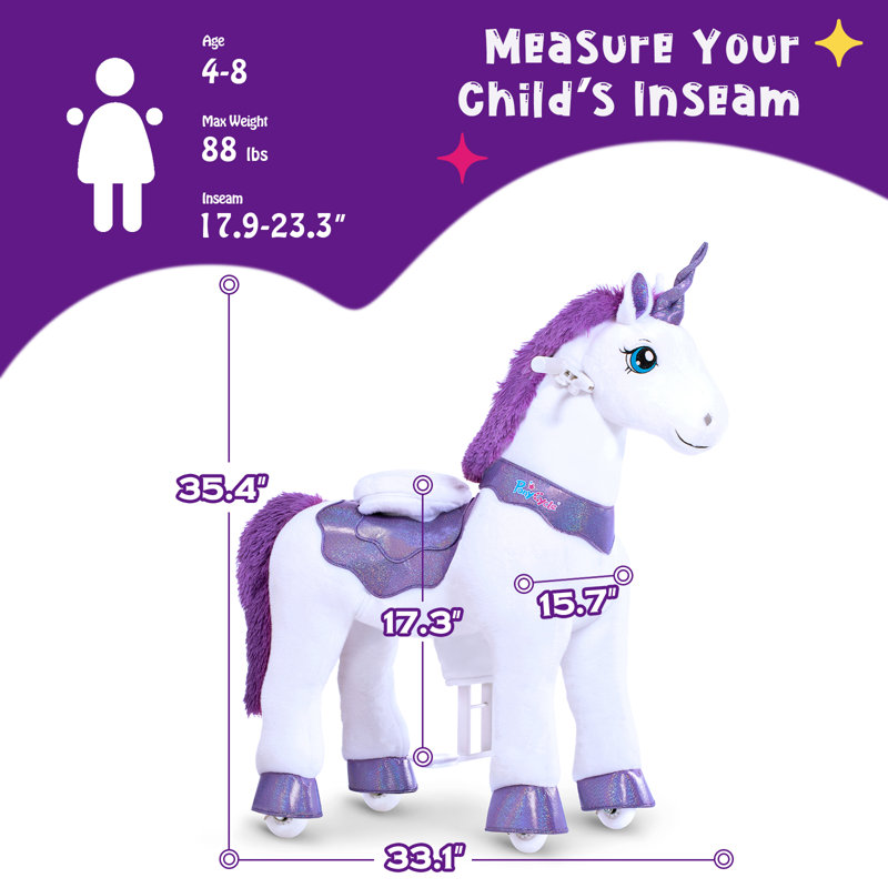 Model E Ride On Unicorn, Mauve, H 35,4 po x l 15,7 po x P 33,1 po
