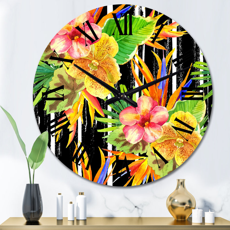 Jaune, rouge, vert, fleurs tropicales sur fond noir - horloge murale tropicale, Grand