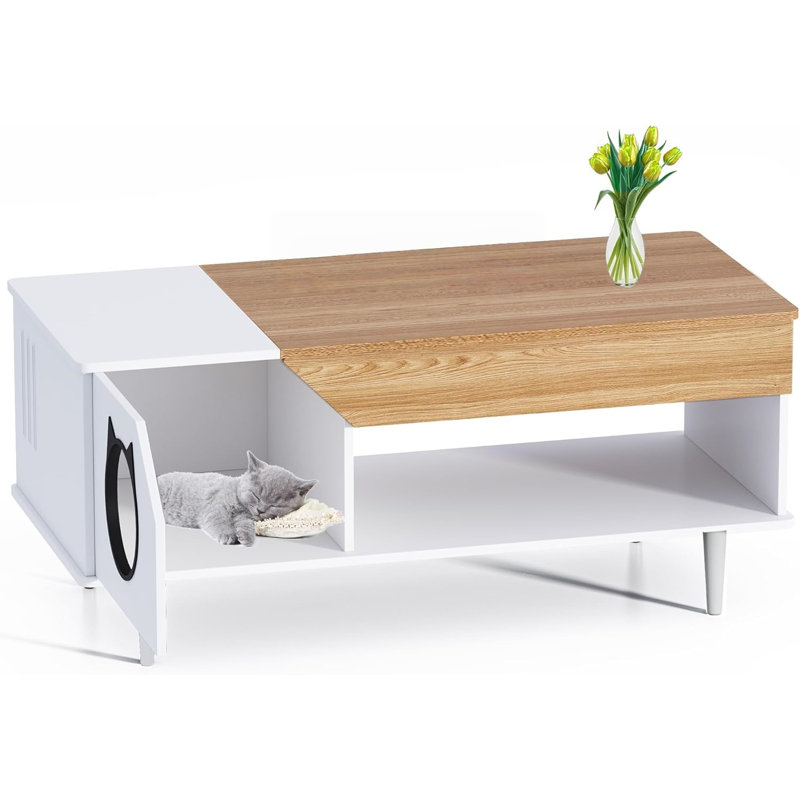 45'' Cat Coffee Table Hidden Litter Box Enclosure Furniture for Kitty Cats, Living Room Cat Furniture with Storage Drawer and Condo Kitty Box Cats Washroom