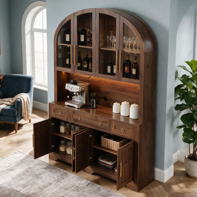 Grand garde-manger arqué de 75,8 po, armoire de rangement de style campagnard de 55 po de largeur avec éclairage à DEL, station de charge, tiroirs, portes de grange pour rehausse de cuisine