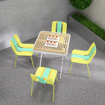 5 Piece Patio Dining Set For Indoor&Outdoor Use, Four Striped Color Block Chairs with PP Seat & Sturdy Metal Legs, 28 Inch Folding Square Table with PP Tabletop and Metal Legs