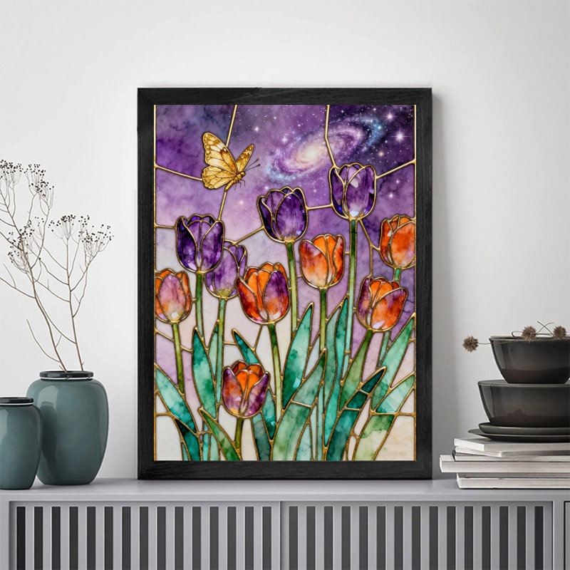 Art encadré noir, belles fleurs qui attirent des papillons dorés, impressions sur toile de style rétro, H 25 po x l 17 po