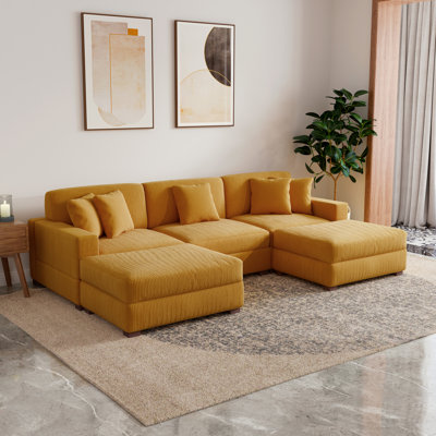Milbrey 5-Piece Upholstered Orange Corduroy Modular Sectional Sofa With Removable Ottomans & Throw Pillows