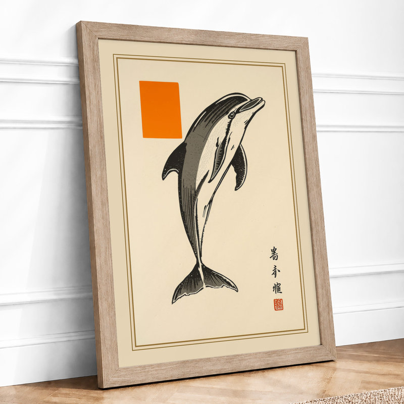 Leaping Dolphin Japandi - Framed Print, A3 - 42.0 x 29.7 cm, Oak
