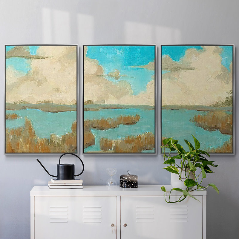 «Fripp Island Water II» - Toile encadrée à pièces multiples, H 24 po x l 48 po x P 2 po, Argent