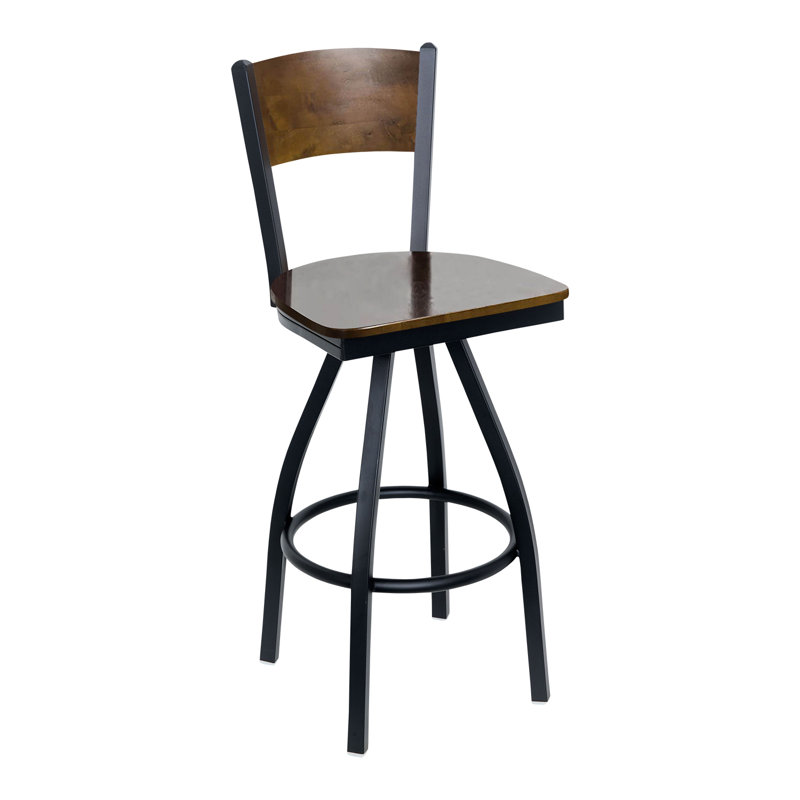 Tabouret de bar pivotant à dossier en bois massif Dale - Dossier en noyer - Siège en bois de noyer - Structure en acier - Finition noir sable