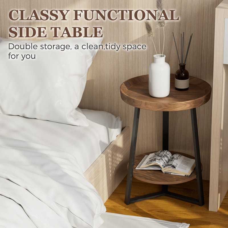 Brown Round Wood and Metal End Table with Storage Shelf