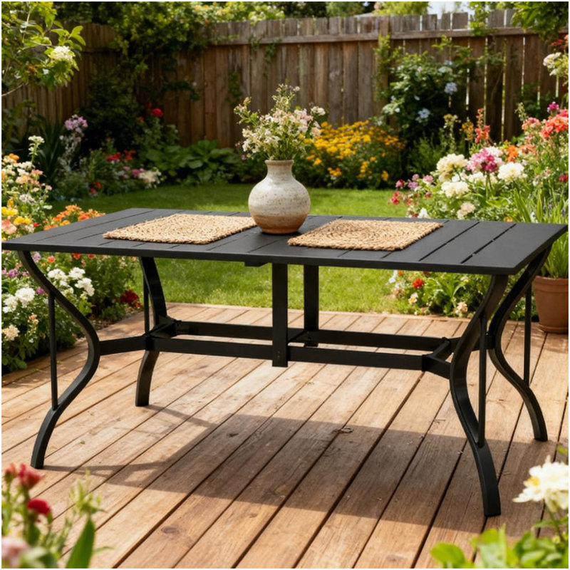 Table de salle à manger rectangulaire en acier pour l'extérieur, table de patio rectangulaire avec trou pour parasol