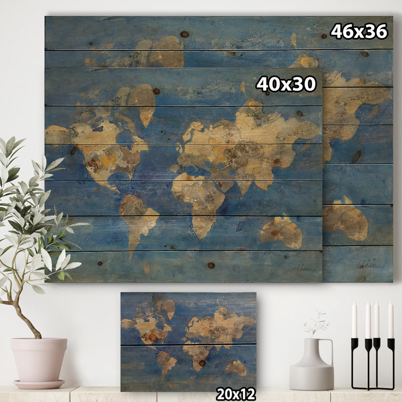 Carte du monde dorée - impression glamour sur bois de pin naturel, H 30 po x l 40 po x P 1,5 po