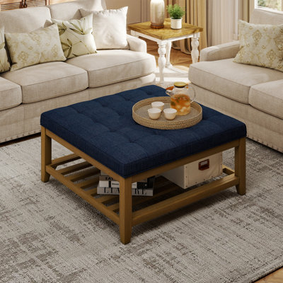 Table basse rembourrée avec repose-pieds carré et rangement ouvert - bleu marine