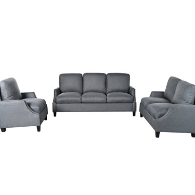 Ensemble 3 pièces pour salon, fauteuil et 2 fauteuils d'appoint, rembourré, rembourré d'éponge haute densité, ressorts de résilience, coussins faciles à entretenir, gris, collection de pièces modernes 6 places, fauteuil, tissu, pin