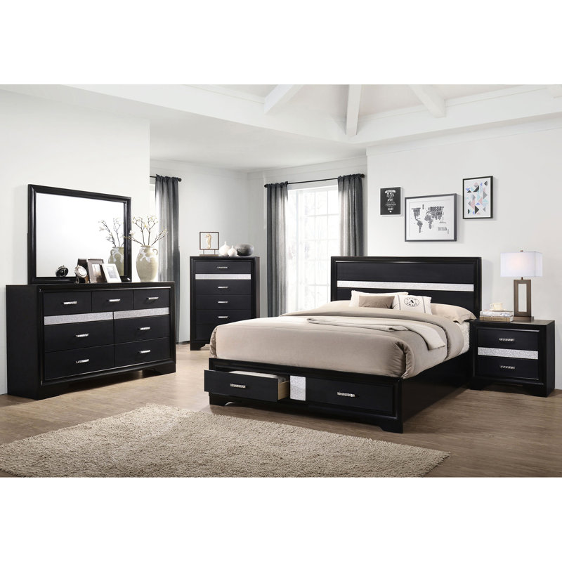 Grand lit à panneau de rangement noir avec tiroirs, poignées ornées de cristaux et poignées décoratives intégrées de taille plateforme à lattes, garniture à paillettes, pour la chambre à coucher
