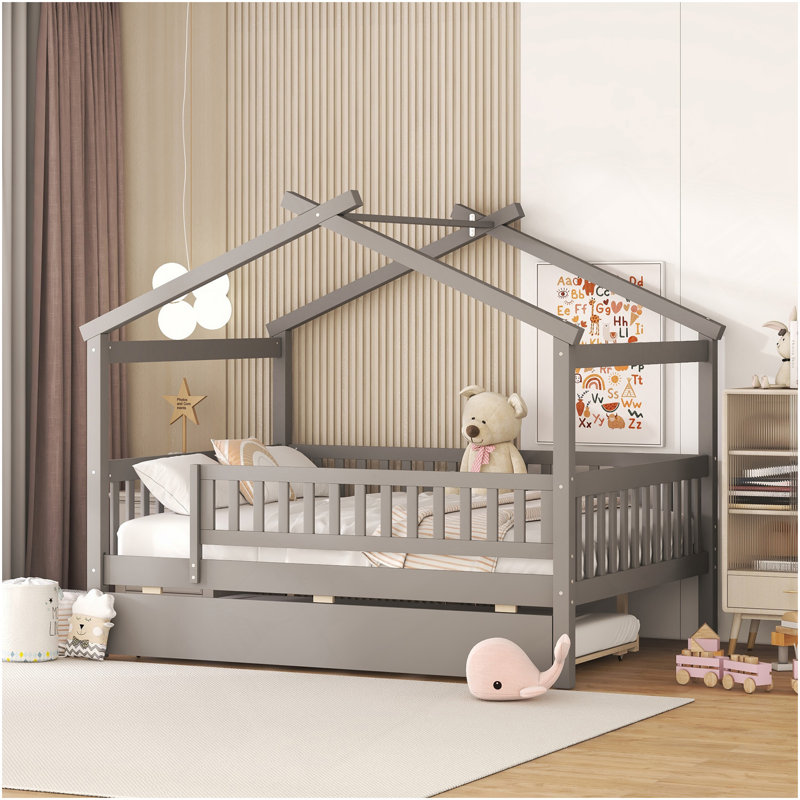 Lit double en bois avec lit gigogne simple, gris, Gris