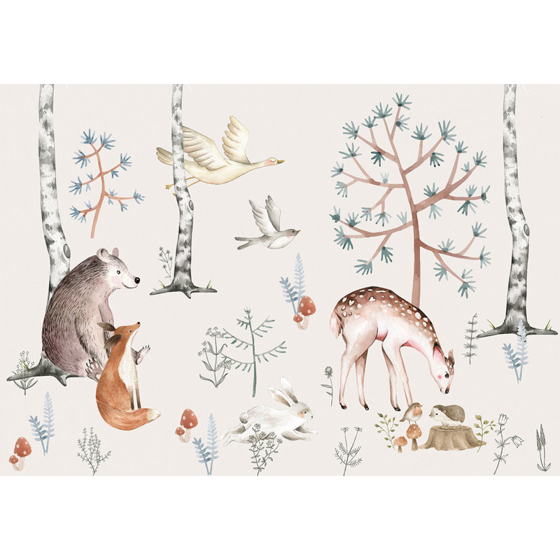 Papier peint pour enfants, aquarelle, forêt avec des animaux, L 137 po x L 100 po